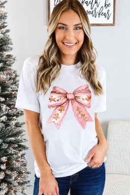 White Christmas Gingerbread Man Bowknot Print Crewneck Tee