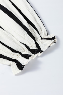 Black Stripe Crinkle Ruffle Sleeve Button Loose Top