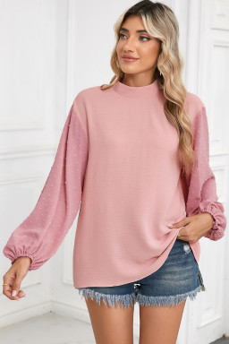 Gossamer Pink Swiss Dot Balloon Sleeve Patchwork Crinkle Blouse