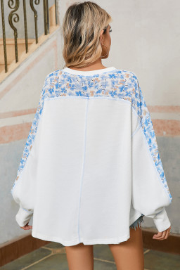 White Abstract Patchwork Waffle V Neck Dolman Top