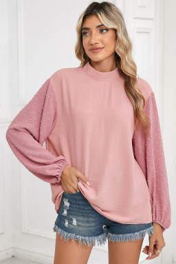 Gossamer Pink Swiss Dot Balloon Sleeve Patchwork Crinkle Blouse