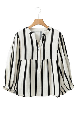 Black Stripe Crinkle Ruffle Sleeve Button Loose Top