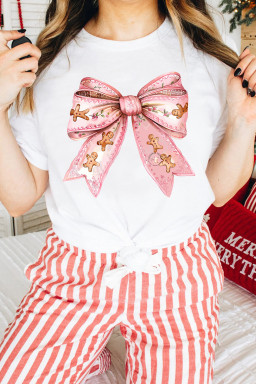 White Christmas Gingerbread Man Bowknot Print Crewneck Tee