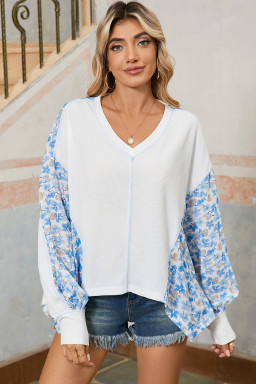 White Abstract Patchwork Waffle V Neck Dolman Top