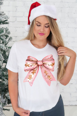 White Christmas Gingerbread Man Bowknot Print Crewneck Tee
