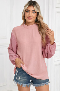 Gossamer Pink Swiss Dot Balloon Sleeve Patchwork Crinkle Blouse