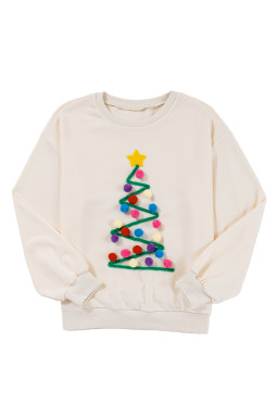 Beige Tinsel Christmas Tree Random Pompom Sweatershirt