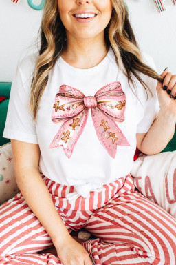 White Christmas Gingerbread Man Bowknot Print Crewneck Tee