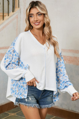 White Abstract Patchwork Waffle V Neck Dolman Top