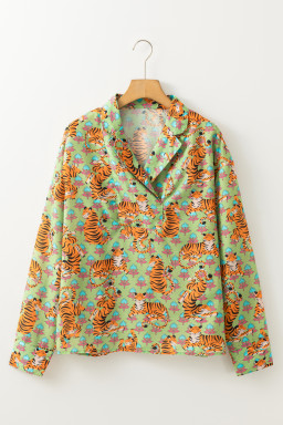 Green Tiger Floral Print Collared V Neck Shirt