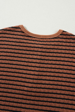 Brown Stripe Textured Long Sleeve Henley Top
