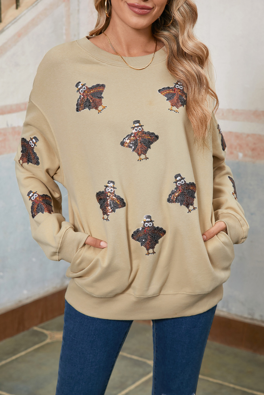 Parchment Turkey Graphic Patch Application Thanksgiving Holiday Sweatshirt