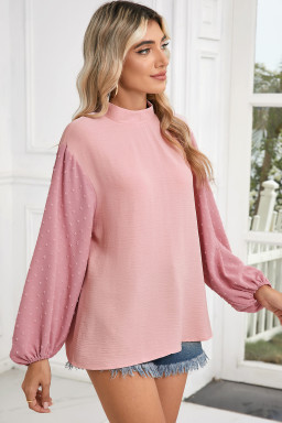 Gossamer Pink Swiss Dot Balloon Sleeve Patchwork Crinkle Blouse