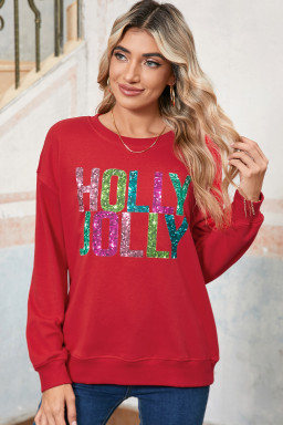Red HOLLY JOLLY Heat Transfer Printing Graphic Christmas Pullover Sweatshirt