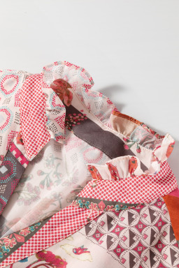 Red Boho Abstract Patchwork Bubble Sleeve Blouse