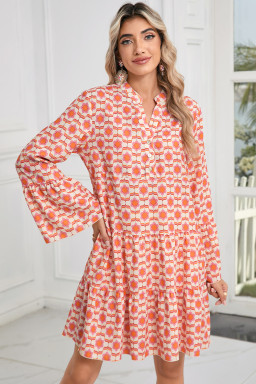 Orange Floral Button V Neck Bell Sleeve Mini Dress