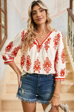 Orange Ethnic Abstract Print Puff Sleeve V Neck Blouse