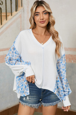 White Abstract Patchwork Waffle V Neck Dolman Top