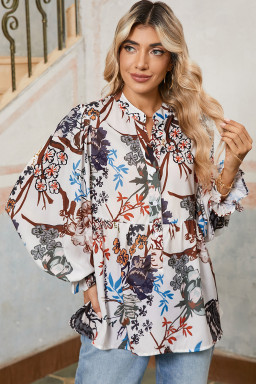 White Boho Print Lantern Sleeve V Neck Blouse