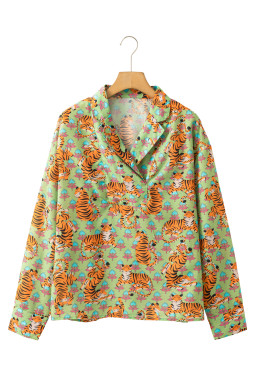 Green Tiger Floral Print Collared V Neck Shirt