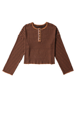 Brown Stripe Textured Long Sleeve Henley Top
