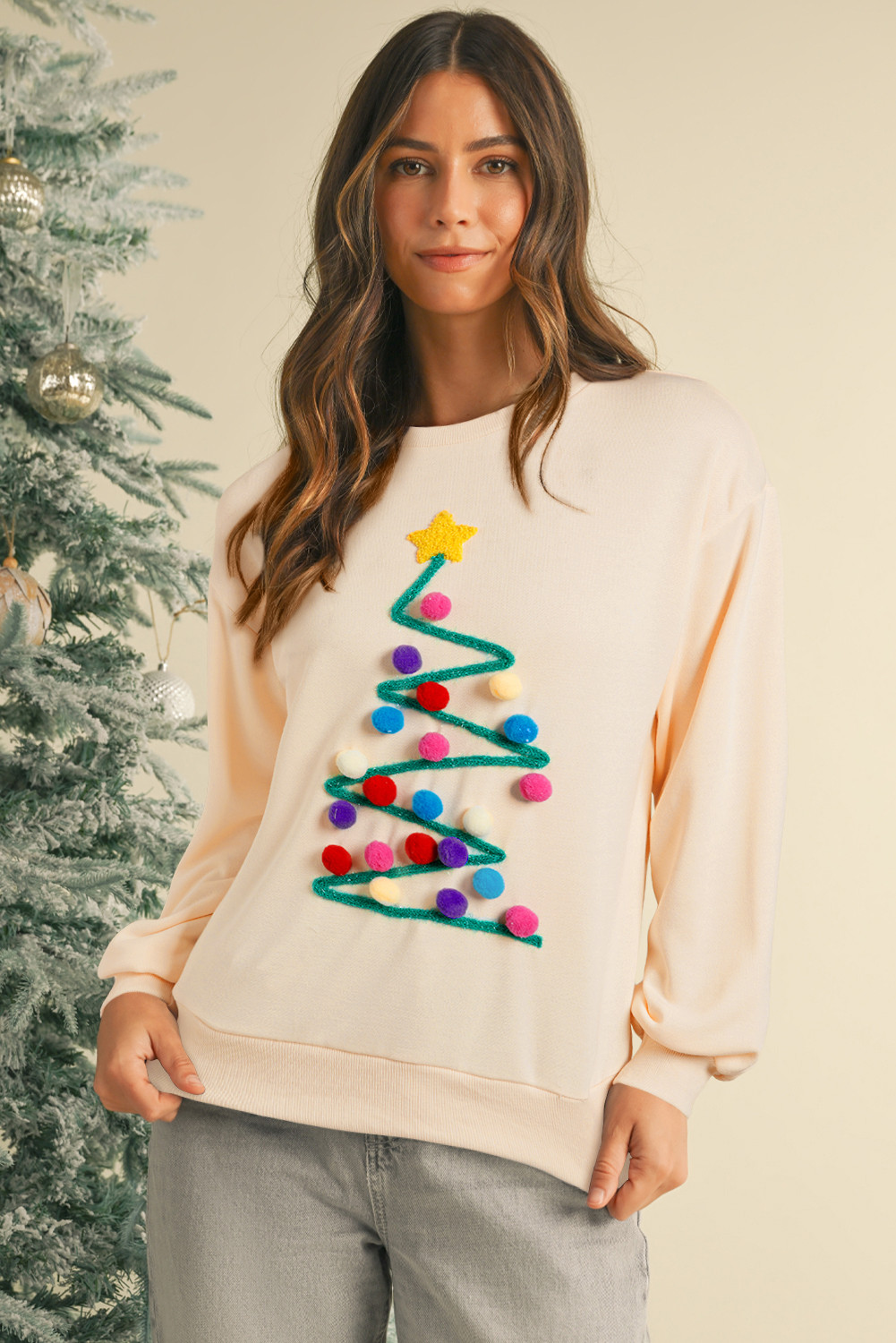 Beige Tinsel Christmas Tree Random Pompom Sweatershirt