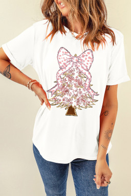 White Glittering Floral Bowknot Christmas Tree Printed T Shirt