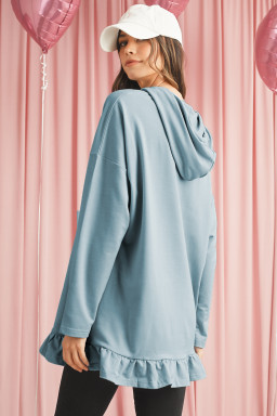 Iceland Blue Solid Ruffled Hem Loose Fit Tunic Hoodie