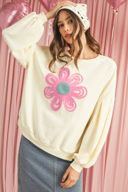 Beige Cute Tinsel Flower Puff Sleeve Sweatshirt