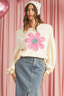 Beige Cute Tinsel Flower Puff Sleeve Sweatshirt