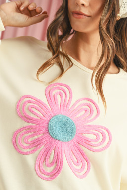 Beige Cute Tinsel Flower Puff Sleeve Sweatshirt