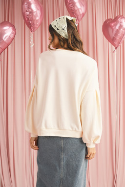 Beige Cute Tinsel Flower Puff Sleeve Sweatshirt