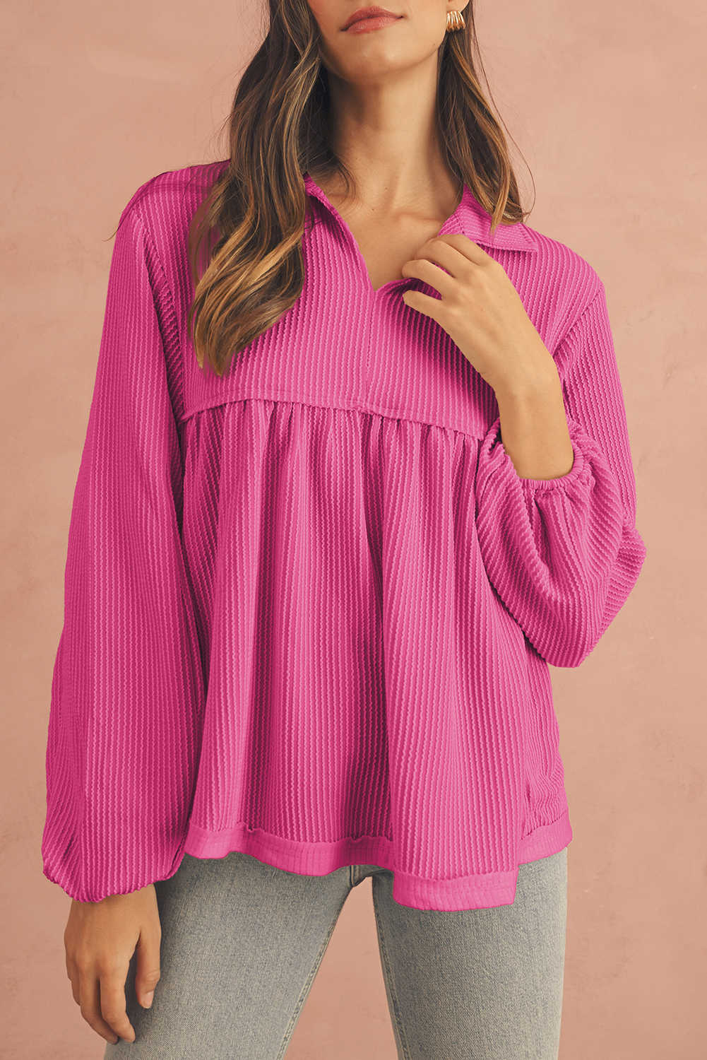 Bright Pink Corded Turn-down Collar Bubble Sleeve Babydoll Top