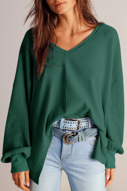 Blackish Green Waffle V Neck Drop Shoulder Loose Top