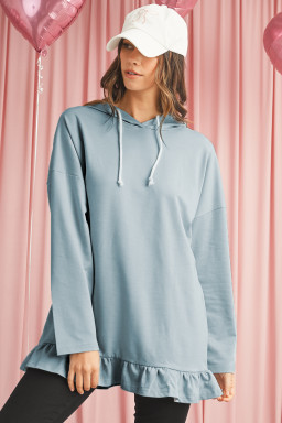 Iceland Blue Solid Ruffled Hem Loose Fit Tunic Hoodie