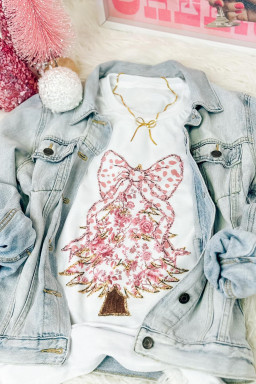 White Glittering Floral Bowknot Christmas Tree Printed T Shirt
