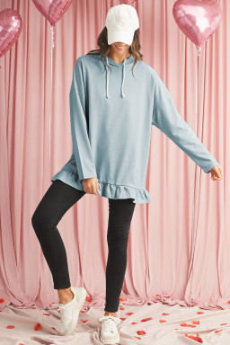 Iceland Blue Solid Ruffled Hem Loose Fit Tunic Hoodie