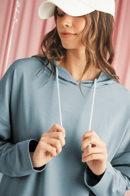 Iceland Blue Solid Ruffled Hem Loose Fit Tunic Hoodie