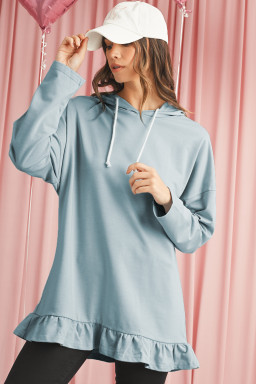 Iceland Blue Solid Ruffled Hem Loose Fit Tunic Hoodie