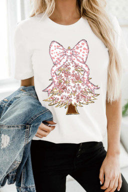 White Glittering Floral Bowknot Christmas Tree Printed T Shirt