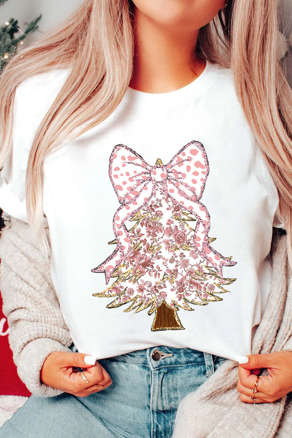 White Glittering Floral Bowknot Christmas Tree Printed T Shirt
