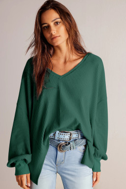 Blackish Green Waffle V Neck Drop Shoulder Loose Top