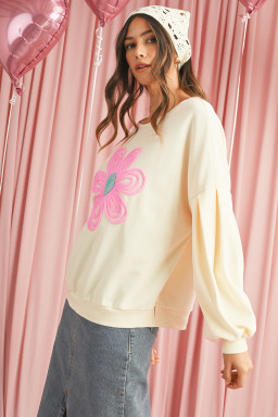 Beige Cute Tinsel Flower Puff Sleeve Sweatshirt