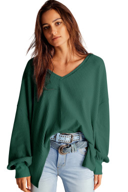 Blackish Green Waffle V Neck Drop Shoulder Loose Top