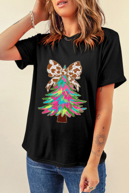 Black Bowknot Christmas Tree Printed T Shirt