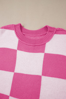 Rose Checkered Bishop Sleeve Pullover Sweater