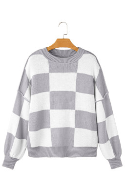 Gray Checkered Bishop Sleeve Pullover Sweater