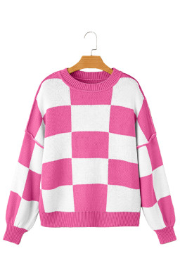 Rose Checkered Bishop Sleeve Pullover Sweater