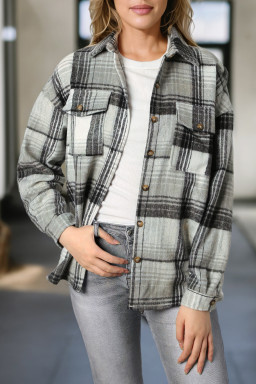 Grey Plaid Button Up Collared Flannel Shacket