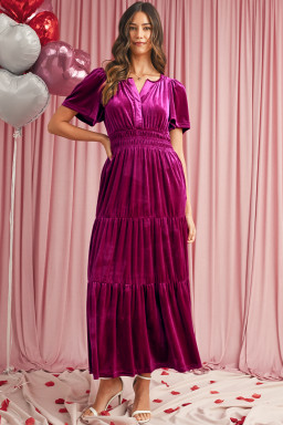Red Dahlia Velvet Short Sleeve Shirred Waist Tiered Maxi Dress